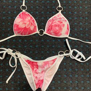 Bizzy B Pink Floral Rhinestone Brazilian Bikini